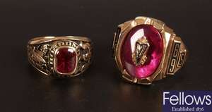 Two 10K gold University signet rings set with red