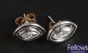 Pair of marquise diamond earstuds set in unmarked