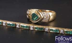 18ct gold emerald and diamond line bracelet (one