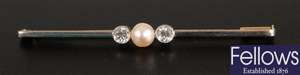 Diamond and cultured pearl set bar brooch,