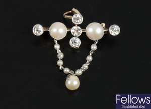Old European diamond and pearl set brooch, set