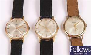 Three gentleman's 9ct gold watches on leather