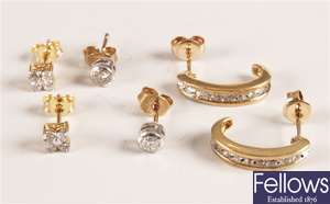 Three pairs of diamond earrings to include a 9ct