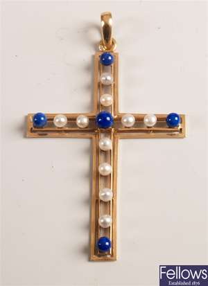 Seed pearl and sodalite set cross pendant, with a
