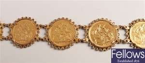 A bracelet set with six sovereigns (1888 (x2),
