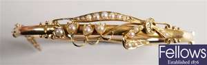 15ct gold seed pearl set hinged bangle, with a