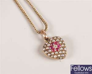 Seed pearl, ruby and diamond set heart shape
