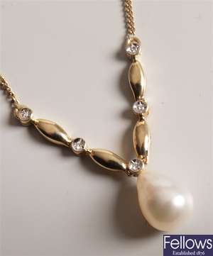 14ct gold cultured pearl and diamond necklet with