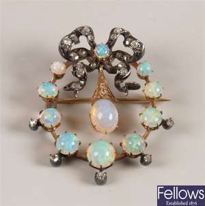 Victorian opal and diamond brooch of an openwork
