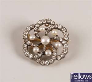 Victorian old cut diamond and bouton pearl