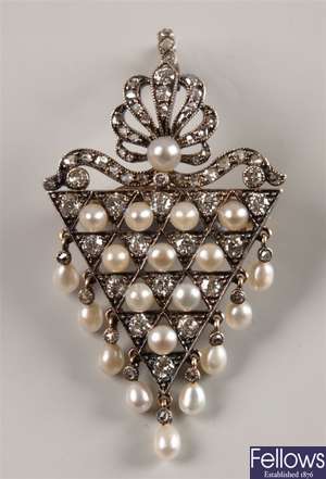 Victorian diamond and pearl pendant with brooch