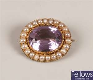 Amethyst and seed pearl cluster brooch with a