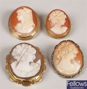 Four oval mounted cameo brooches all depicting