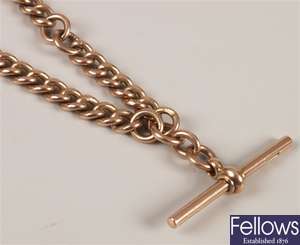 9ct rose gold curb link Albert chain with t-bar,