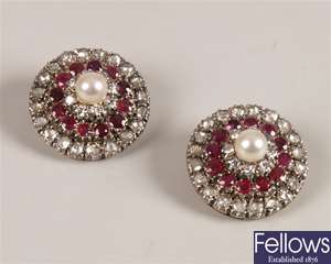 Pair of 9ct gold cultured pearl, diamond and ruby