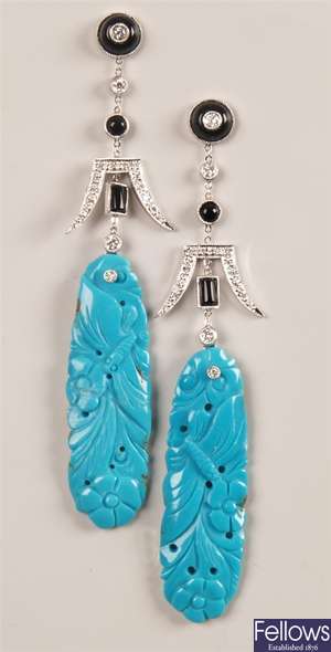 Pair of 18ct white gold turquoise, diamond and
