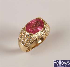 18ct gold pink tourmaline and diamond set ring,
