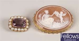 Two brooches to include a 9ct gold set cameo