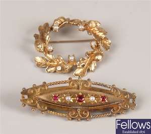 Edwardian 9ct gold ruby and seed pearl brooch