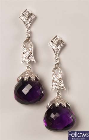 A pair of diamond and amethyst dropper earrings
