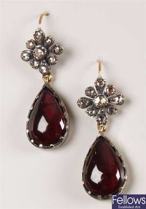 Pair of diamond and garnet dropper earrings with