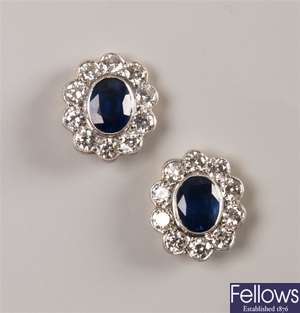 Pair of 18ct gold sapphire and diamond cluster
