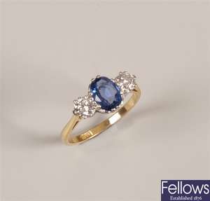 18ct gold three stone sapphire and diamond ring,
