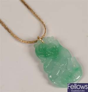 18k gold flat fancy link chain with carved jade