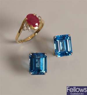 Pair of 14ct gold earstuds set with a single blue