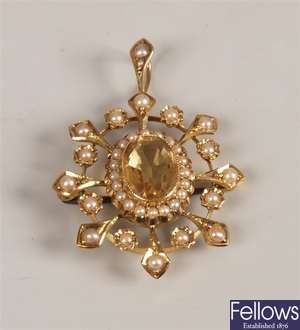 15ct gold citrine and seed pearl brooch with a