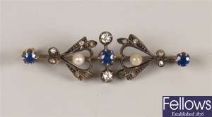 Sapphire diamond and seed pearl brooch with