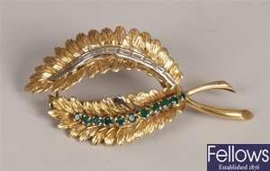 18ct gold emerald and diamond set leaf design
