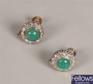 Pair of 9ct white gold green agate and diamond