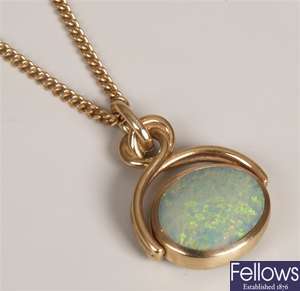 9ct gold swivel fob, set with opal and mother of