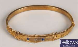 Edwardian 15ct gold sapphire and diamond bangle