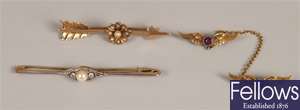 Three brooches, to include a cultured pearl and