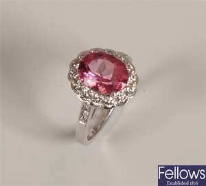 14ct white gold pink topaz and diamond cluster