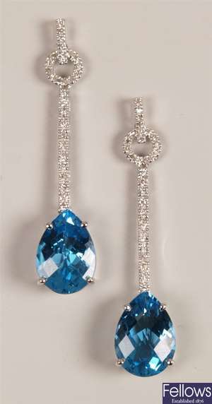 A pair of 14ct white gold diamond and blue topaz