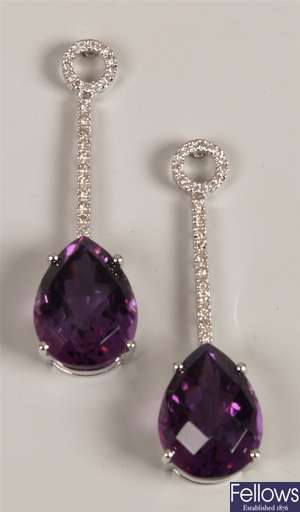 A pair of 14ct white gold diamond and amethyst
