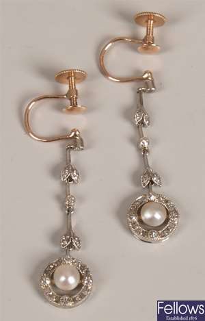 Edwardian cultured pearl and diamond dropper