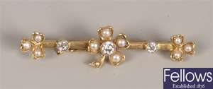 15ct gold diamond and split pearl set bar brooch,