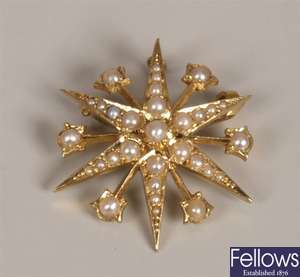 15ct gold seed pearl set star design brooch.