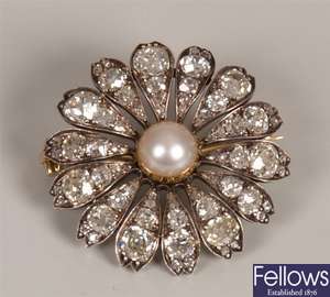 Victorian cultured pearl and diamond set flower