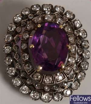 Amethyst and diamond cluster brooch with a