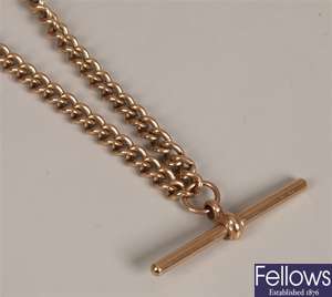 9ct gold curb link albert chain with t-bar.
