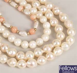Three pearl necklets to include a single 36cm row