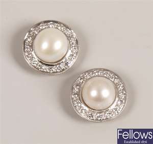 A pair of 18ct gold cultured pearl and diamond