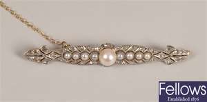 Cultured pearl, split pearl and diamond bar