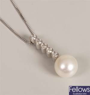 18ct white gold diamond and cultured pearl set