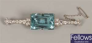 Aquamarine and diamond set bar brooch, with a